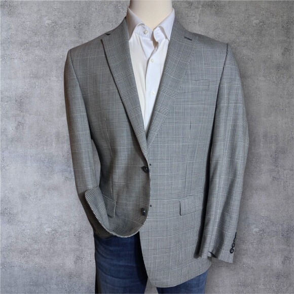 CALVIN KLEIN Mens Blazer Sport Coat Two Button Jacket 40R Gray Glen Plaid Wool - Picture 1 of 12